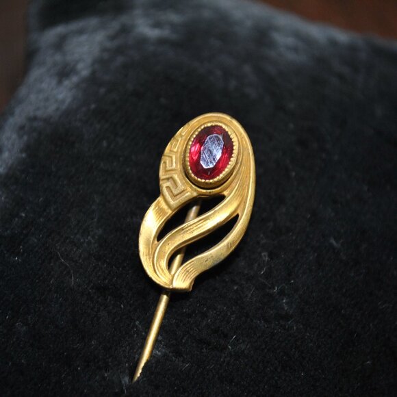 Antique Greek Key Art Nouveau Stick / Tie Pin with Red-Pink Glass - Picture 2 of 8